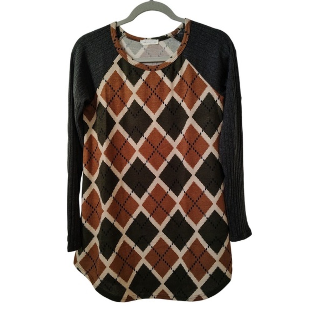 REB. in J. Women's Long Sleeve Tunic Shirt Top Medium Argyle Green Brown Cream‎